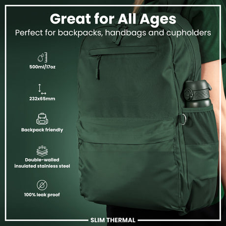 ION8 Leak Proof Slim Thermal Water Bottle, Insulated Steel, Dark Green, 500ml (17oz)