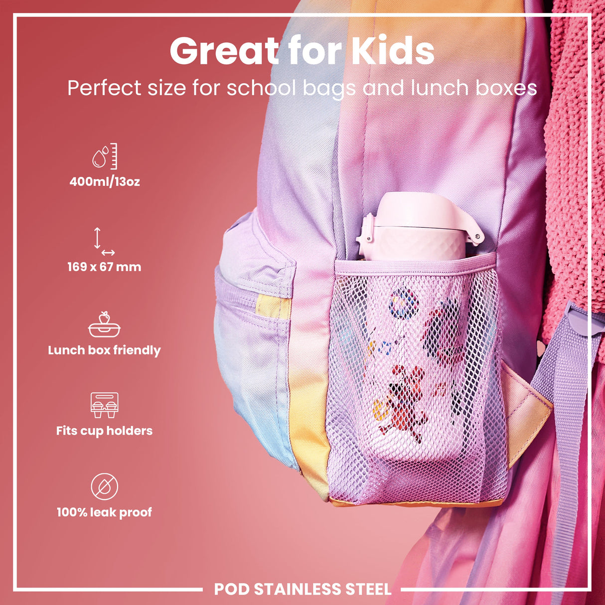 ION8 Leak Proof Kids Water Bottle, Stainless Steel, Animal Band, 400ml (13oz)