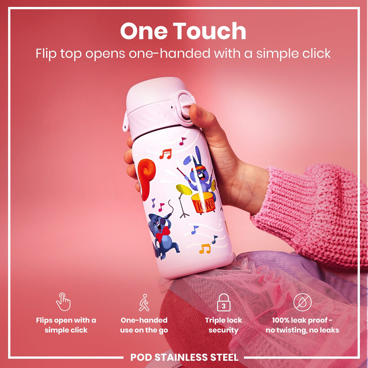 ION8 Leak Proof Kids Water Bottle, Stainless Steel, Animal Band, 400ml (13oz)
