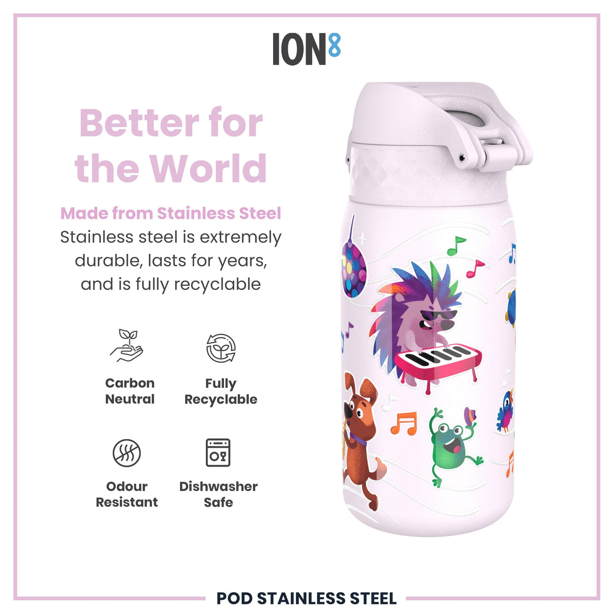 ION8 Leak Proof Kids Water Bottle, Stainless Steel, Animal Band, 400ml (13oz)