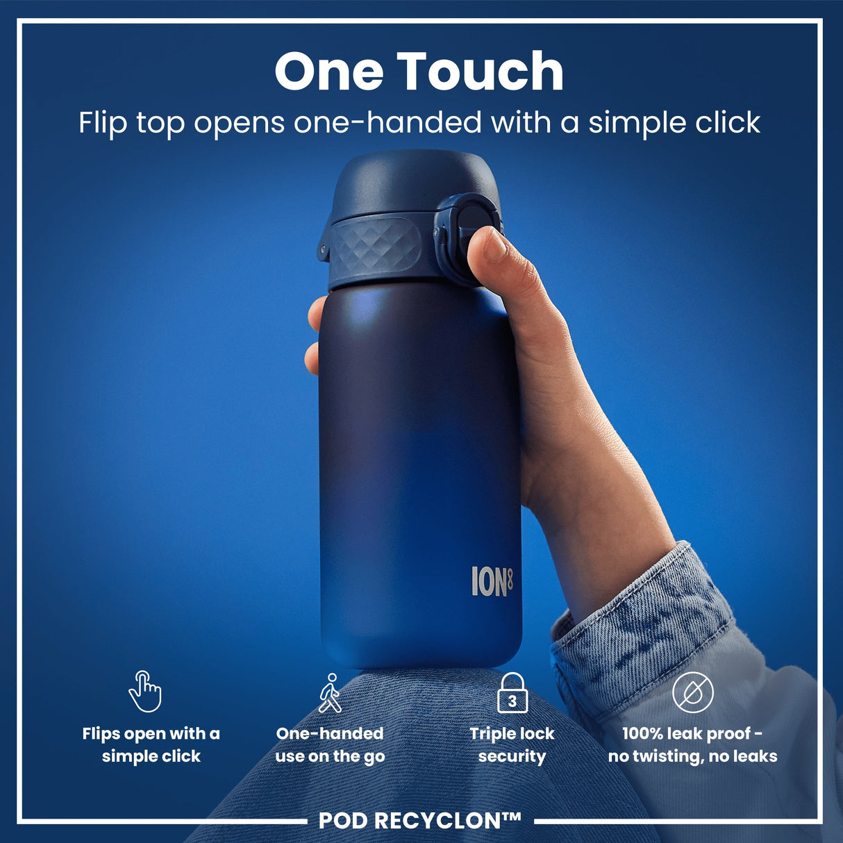 ION8 Leak Proof Small Water Bottle With Straw, Recyclon, Navy, 350ml (12oz)