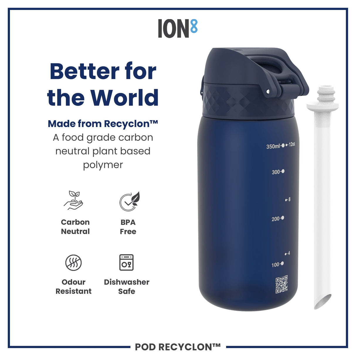 ION8 Leak Proof Small Water Bottle With Straw, Recyclon, Navy, 350ml (12oz)