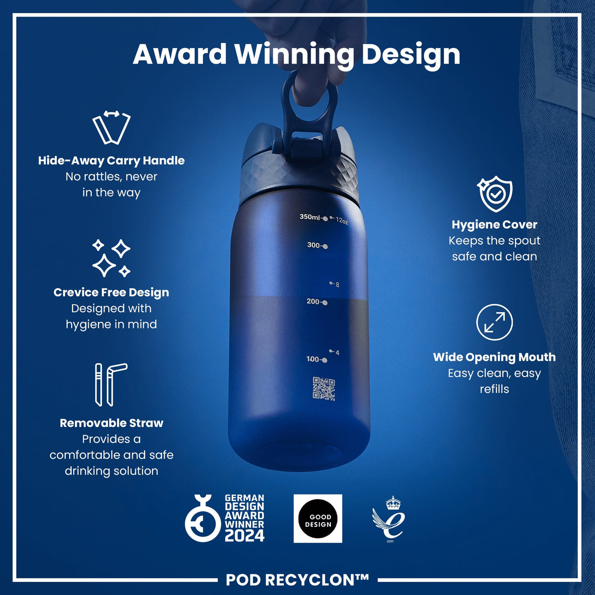 ION8 Leak Proof Small Water Bottle With Straw, Recyclon, Navy, 350ml (12oz)