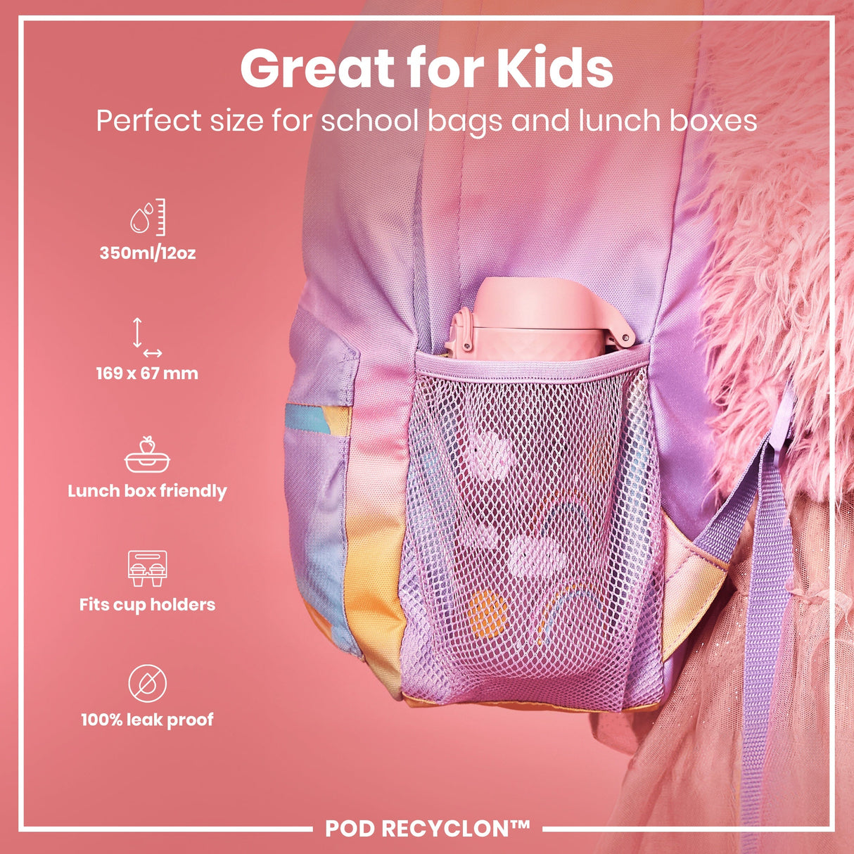 ION8 Leak Proof Kids Water Bottle, Recyclon, Rainbows, 350ml (12oz)