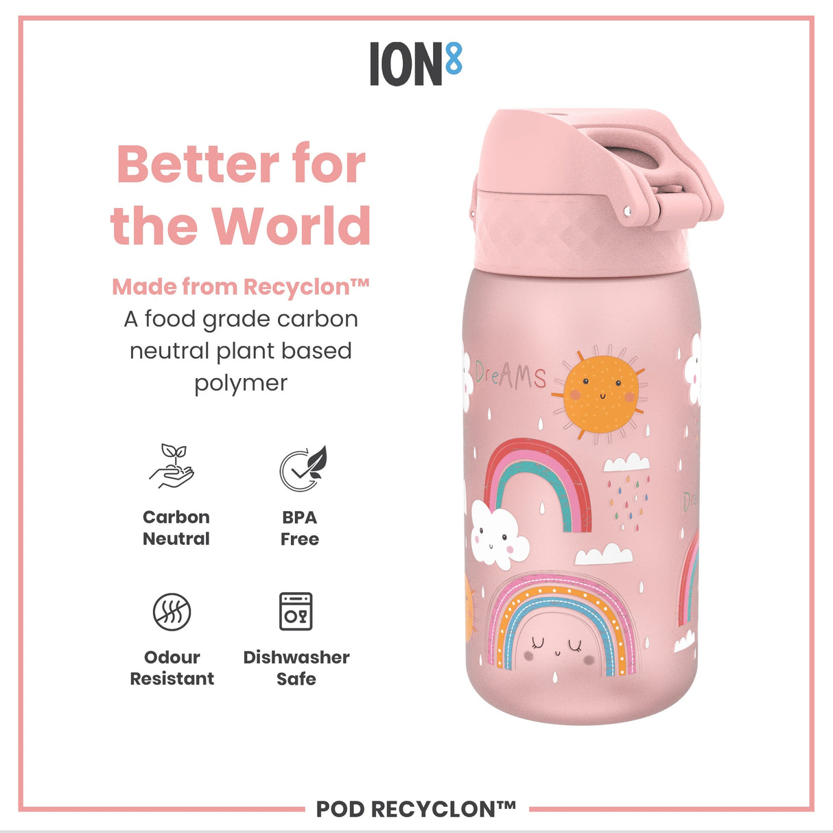 ION8 Leak Proof Kids Water Bottle, Recyclon, Rainbows, 350ml (12oz)