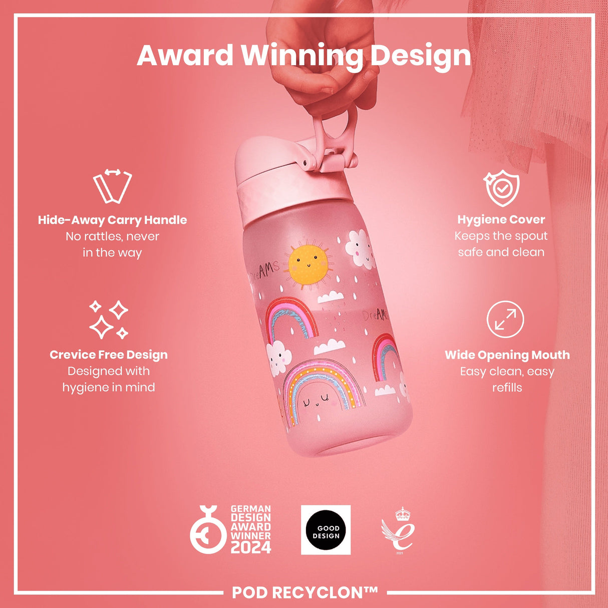 ION8 Leak Proof Kids Water Bottle, Recyclon, Rainbows, 350ml (12oz)