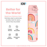 ION8 Leak Proof Slim Water Bottle, Stainless Steel, Rainbows, 600ml (20oz)