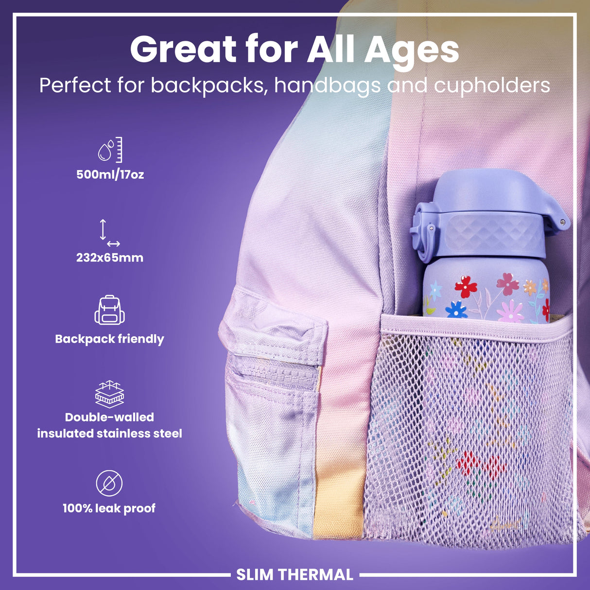 ION8 Leak Proof Slim Thermal Water Bottle, Insulated Steel, Ditsy Floral, 500ml (17oz)