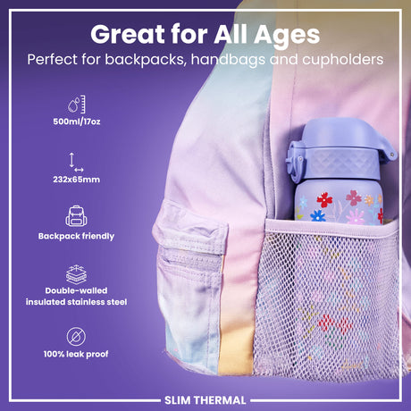 ION8 Leak Proof Slim Thermal Water Bottle, Insulated Steel, Ditsy Floral, 500ml (17oz)