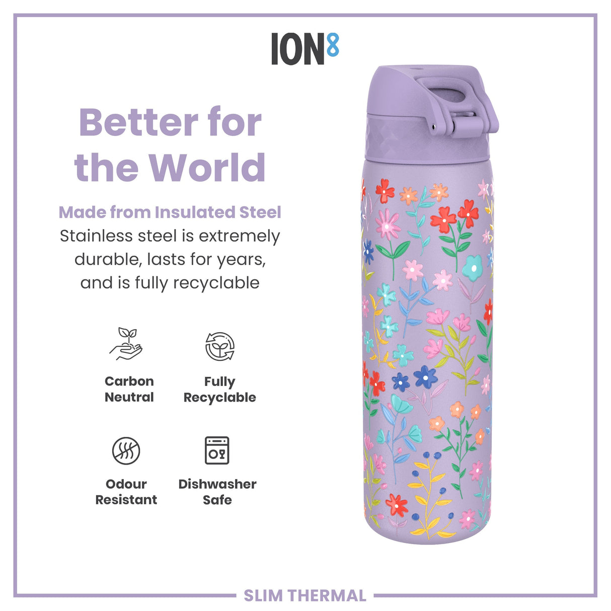 ION8 Leak Proof Slim Thermal Water Bottle, Insulated Steel, Ditsy Floral, 500ml (17oz)