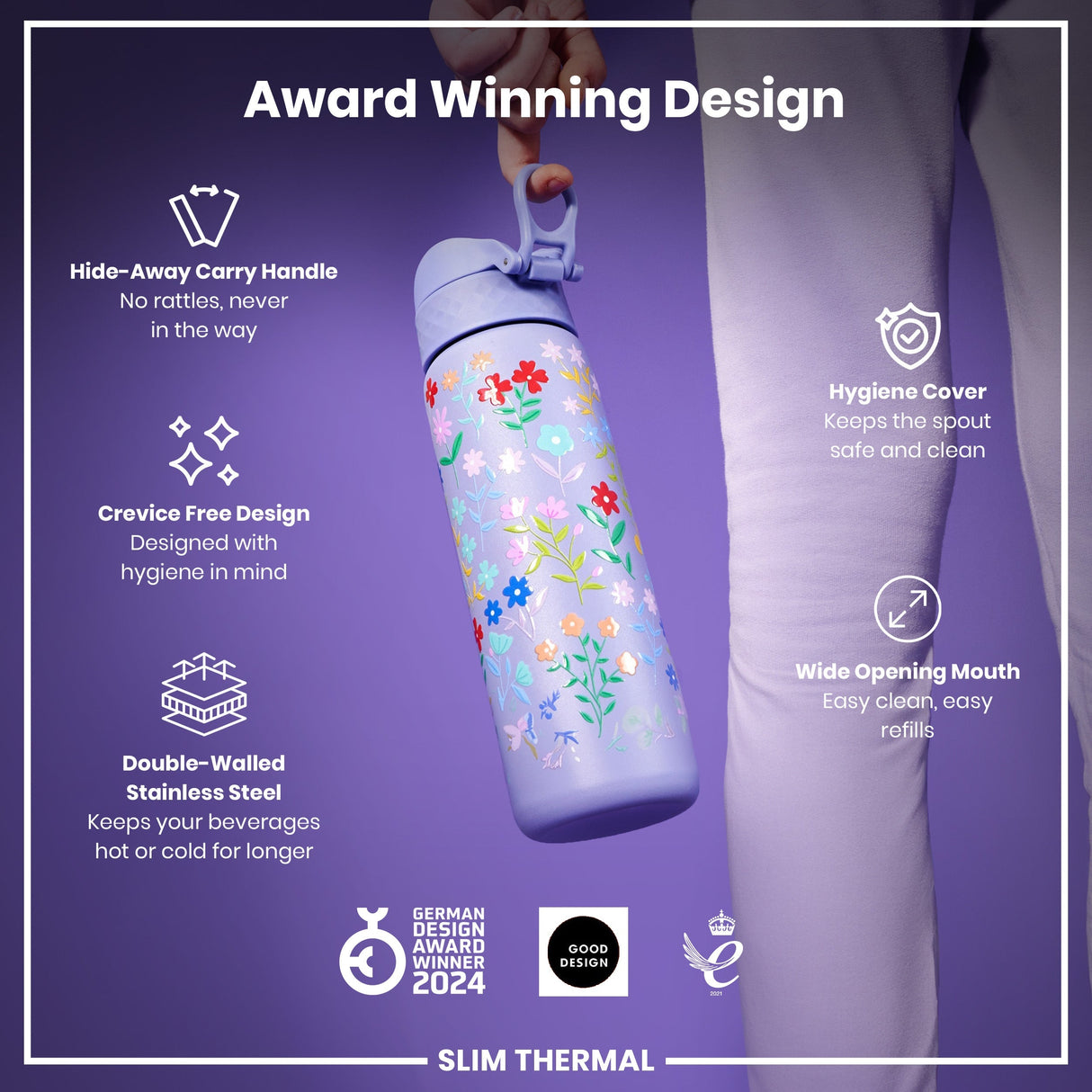 ION8 Leak Proof Slim Thermal Water Bottle, Insulated Steel, Ditsy Floral, 500ml (17oz)