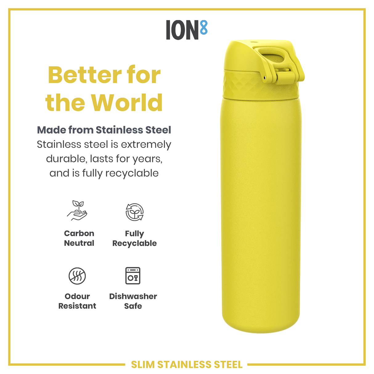 ION8 Leak Proof Slim Water Bottle, Stainless Steel, Yellow, 600ml (20oz)