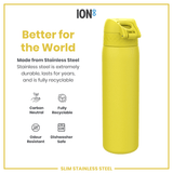 ION8 Leak Proof Slim Water Bottle, Stainless Steel, Yellow, 600ml (20oz)