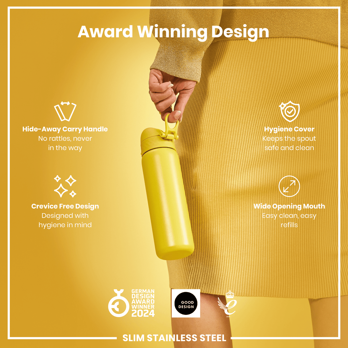 ION8 Leak Proof Slim Water Bottle, Stainless Steel, Yellow, 600ml (20oz)