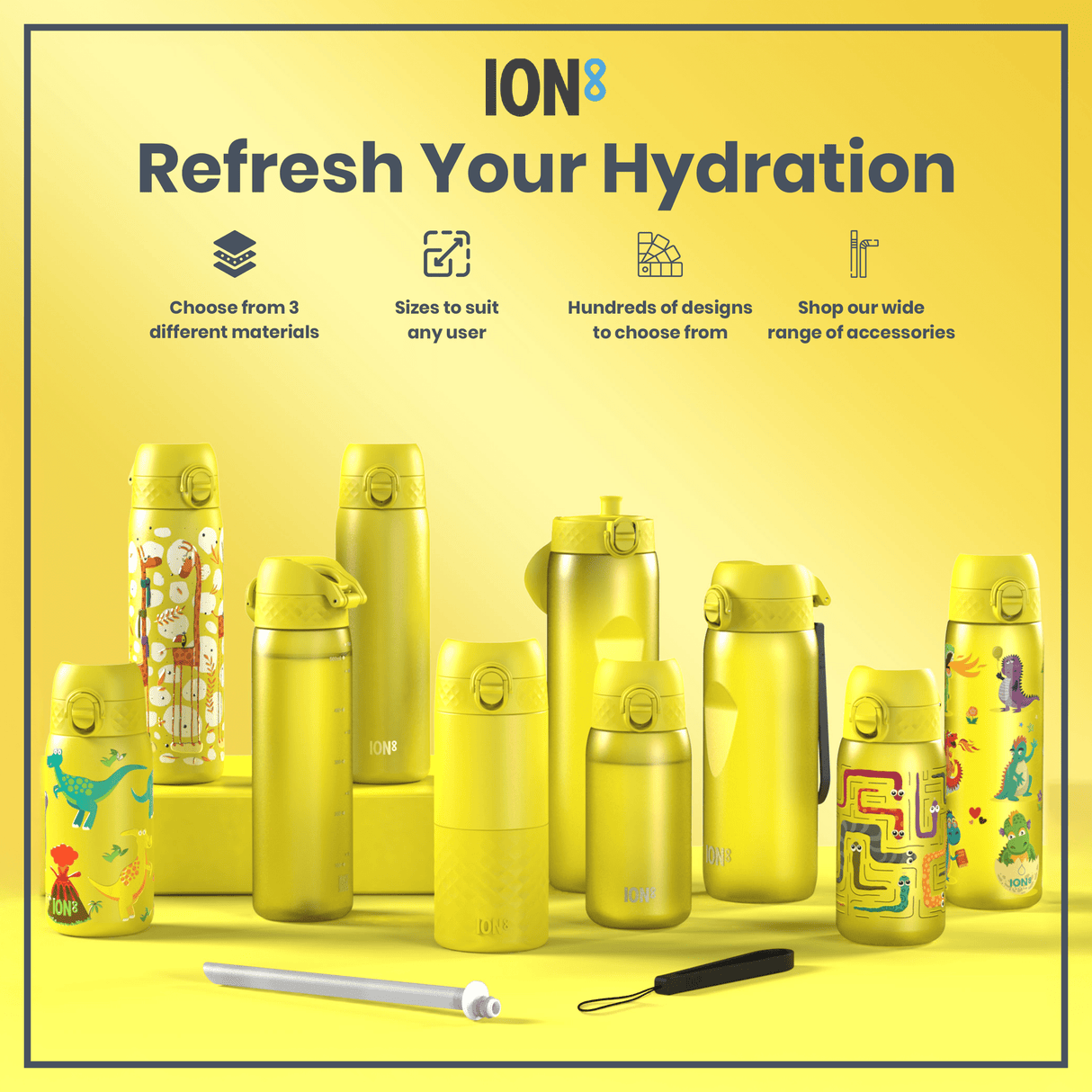 ION8 Leak Proof Slim Water Bottle, Stainless Steel, Yellow, 600ml (20oz)