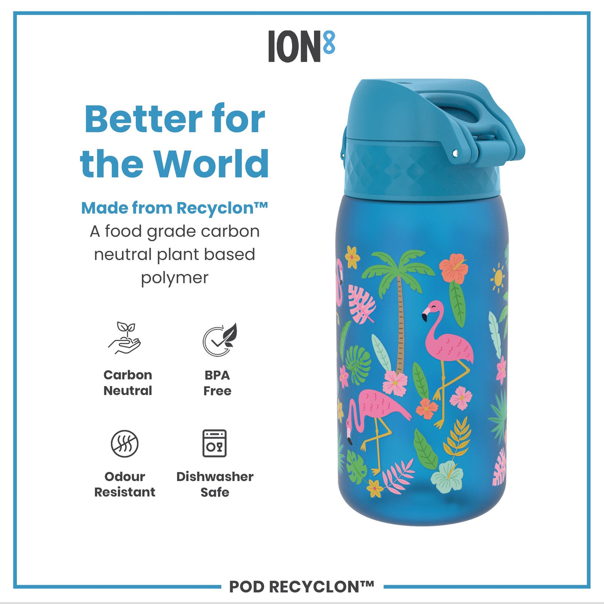 ION8 Leak Proof Kids Water Bottle, Recyclon, Flamingos, 350ml (12oz)
