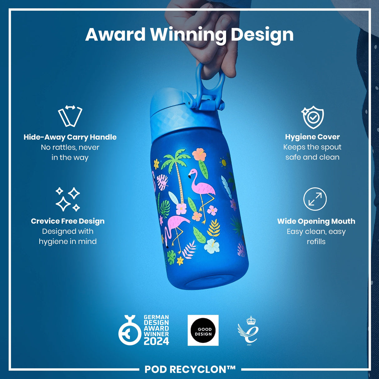 ION8 Leak Proof Kids Water Bottle, Recyclon, Flamingos, 350ml (12oz)