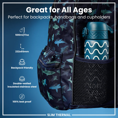 ION8 Leak Proof Slim Thermal Water Bottle, Insulated Steel, Wave, 500ml (17oz)