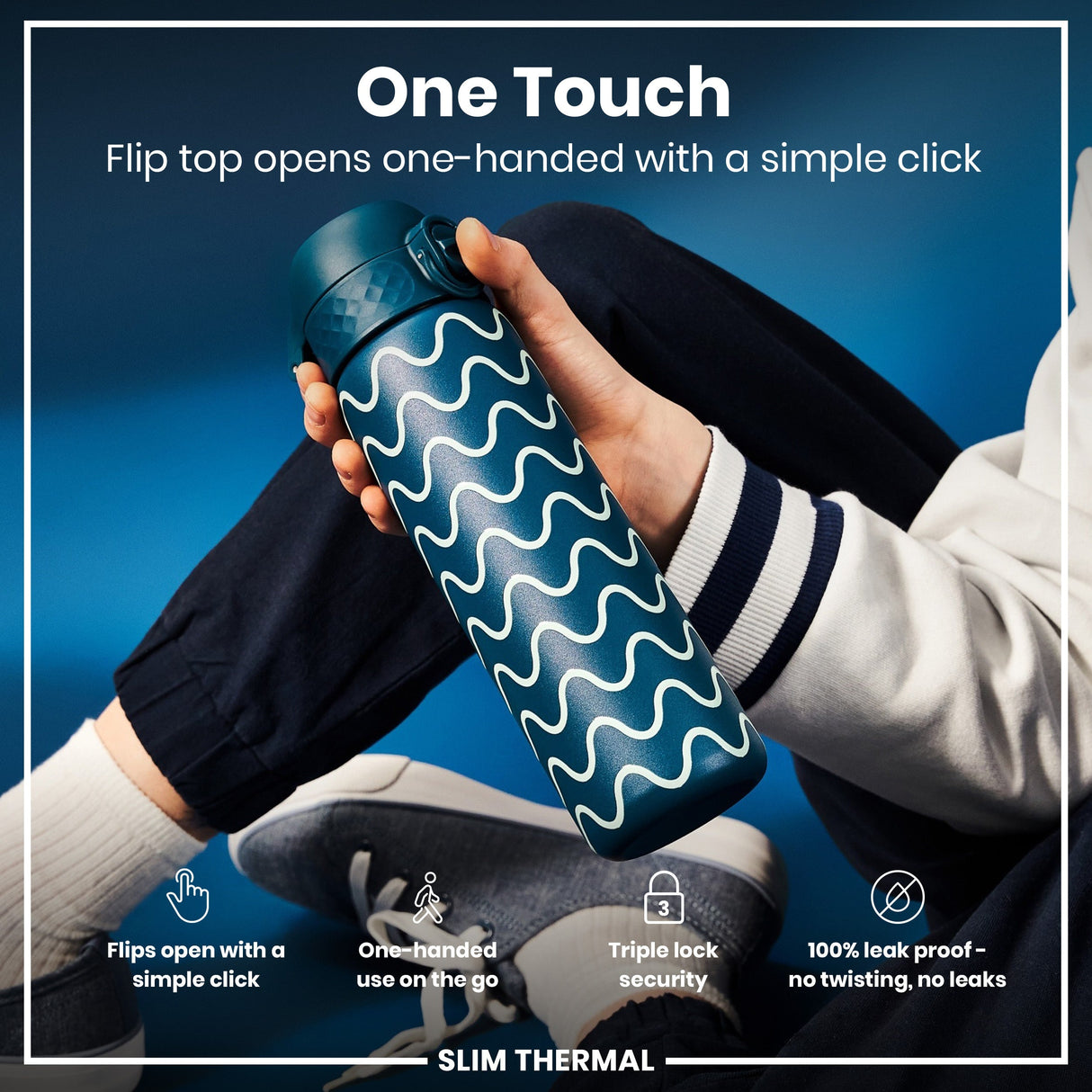 ION8 Leak Proof Slim Thermal Water Bottle, Insulated Steel, Wave, 500ml (17oz)