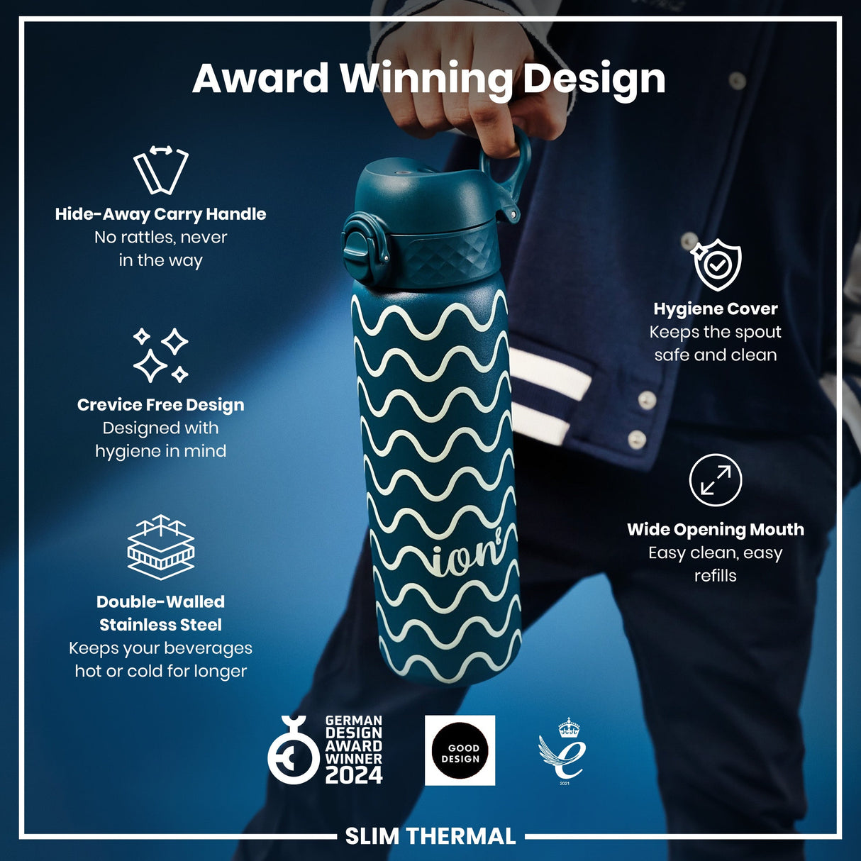 ION8 Leak Proof Slim Thermal Water Bottle, Insulated Steel, Wave, 500ml (17oz)