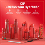 ION8 Leak Proof Medium Water Bottle with Straw, Recyclon, Red, 500ml (18oz)