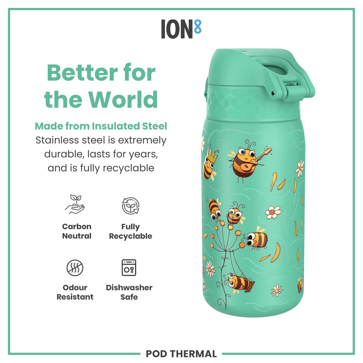 ION8 Leak Proof Thermal Steel Water Bottle, Insulated, Bees, 320ml (11oz)