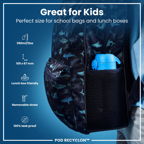 ION8 Leak Proof Small Water Bottle With Straw, Recyclon, Blue, 350ml (12oz)