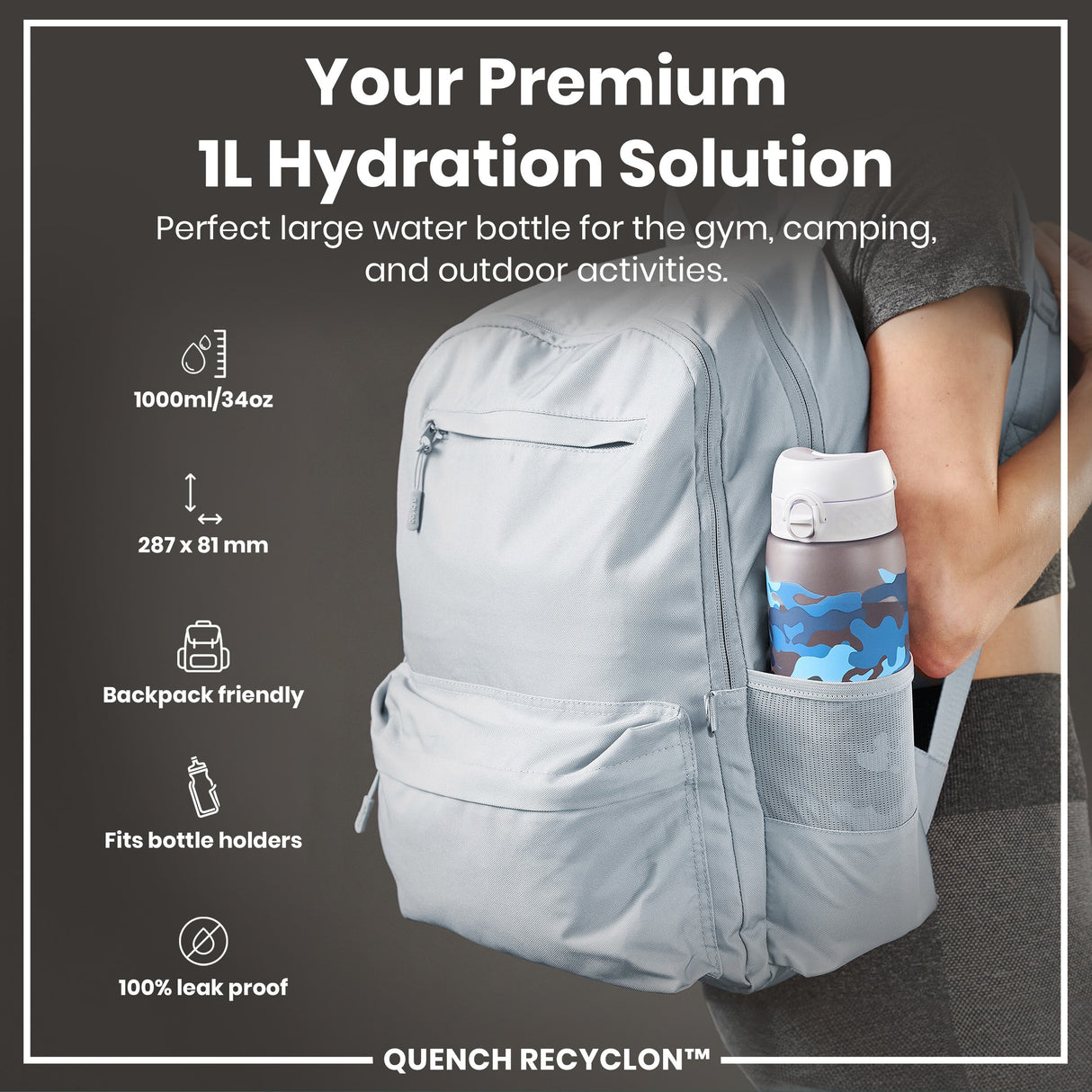 ION8 Leak Proof 1 Litre Water Bottle with Times to Drink, Recyclon, Camouflage, 1L