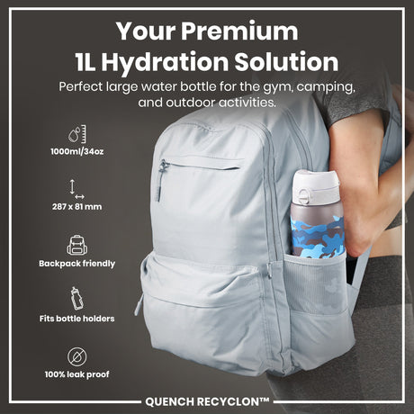 ION8 Leak Proof 1 Litre Water Bottle with Times to Drink, Recyclon, Camouflage, 1L