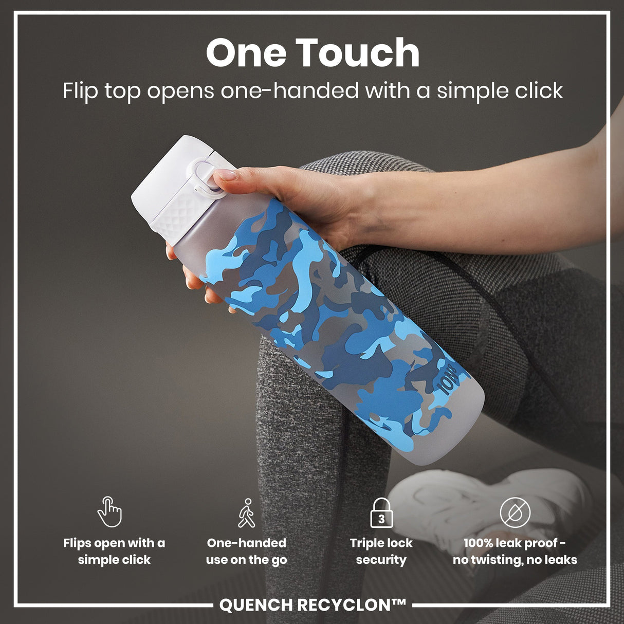 ION8 Leak Proof 1 Litre Water Bottle with Times to Drink, Recyclon, Camouflage, 1L