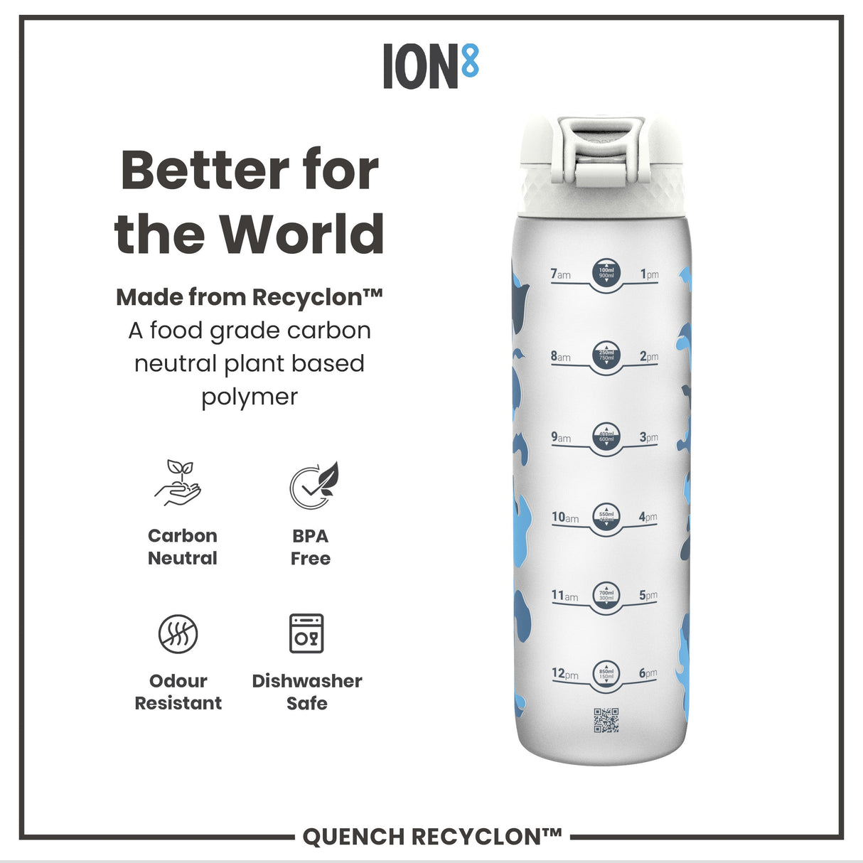 ION8 Leak Proof 1 Litre Water Bottle with Times to Drink, Recyclon, Camouflage, 1L