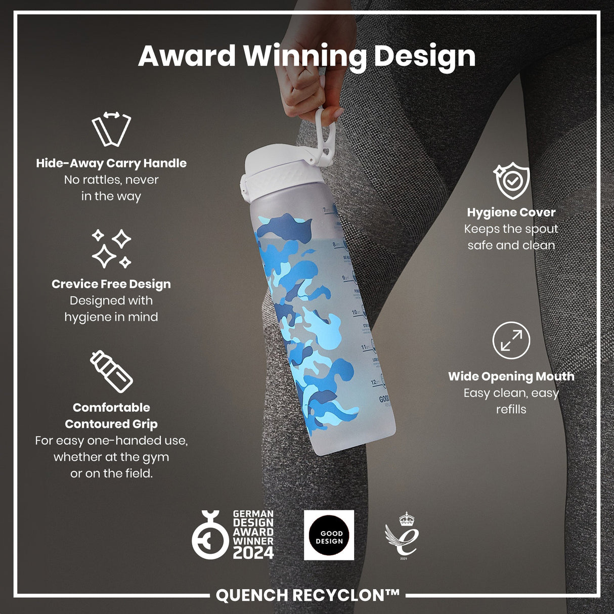 ION8 Leak Proof 1 Litre Water Bottle with Times to Drink, Recyclon, Camouflage, 1L