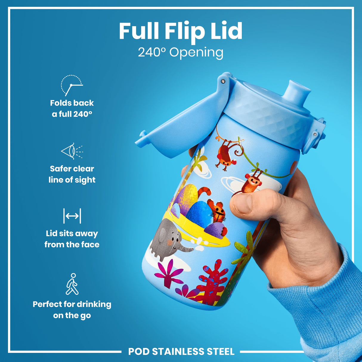 ION8 Leak Proof Kids Water Bottle, Stainless Steel, Safari, 400ml (13oz)