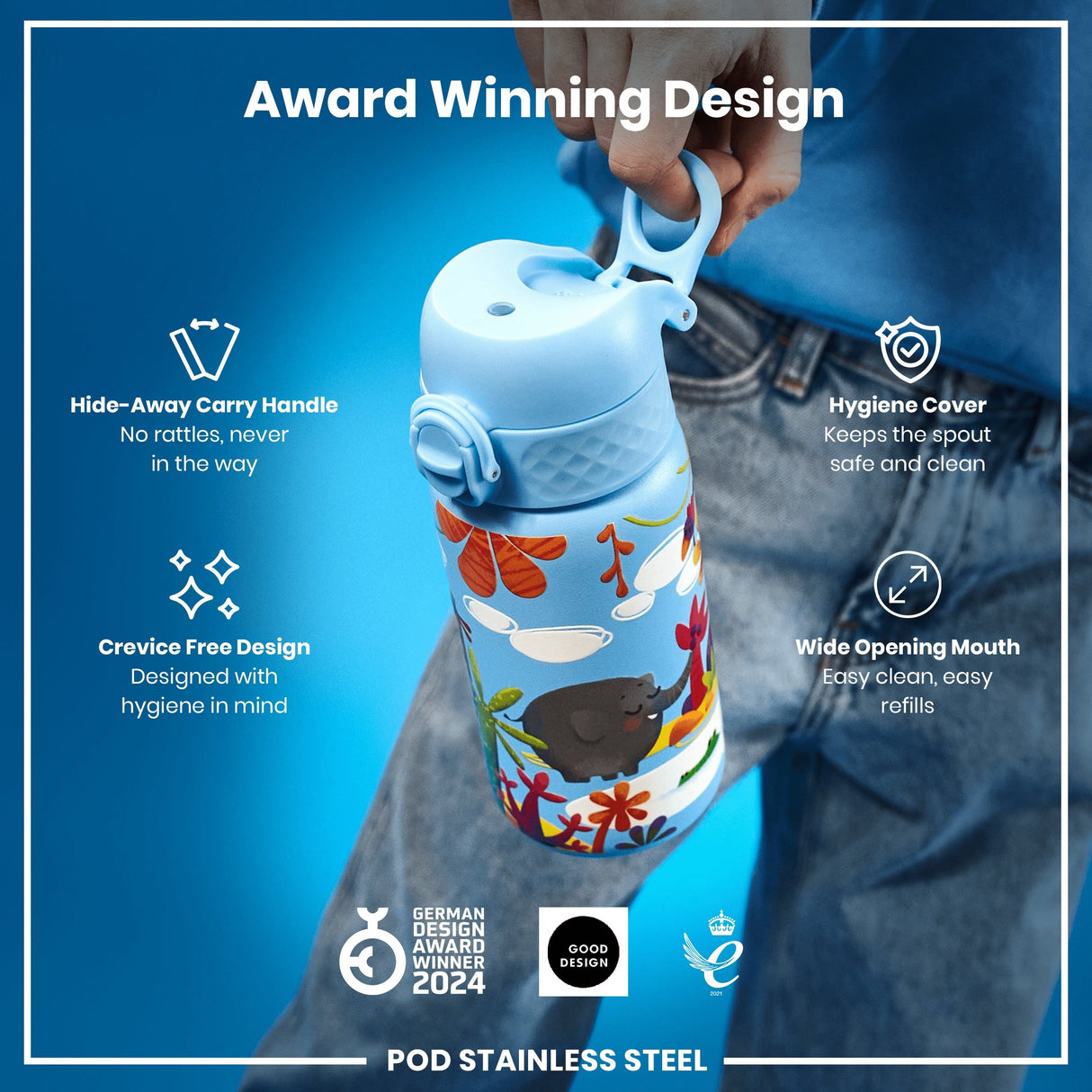 ION8 Leak Proof Kids Water Bottle, Stainless Steel, Safari, 400ml (13oz)