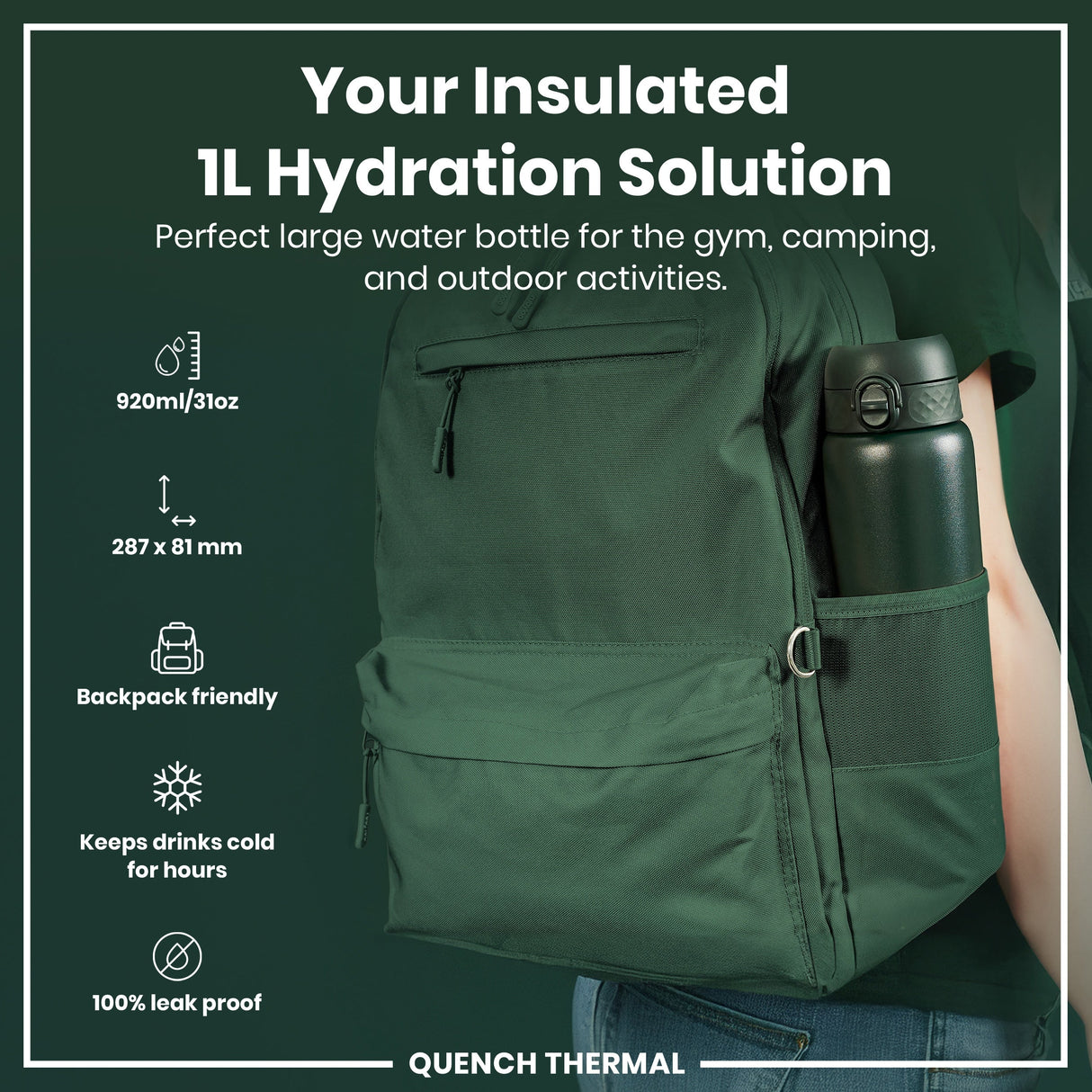 ION8 Leak Proof 1 Litre Thermal Water Bottle, Insulated Steel, Dark Green, 1L