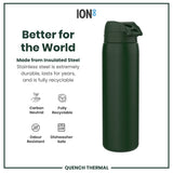 ION8 Leak Proof 1 Litre Thermal Water Bottle, Insulated Steel, Dark Green, 1L