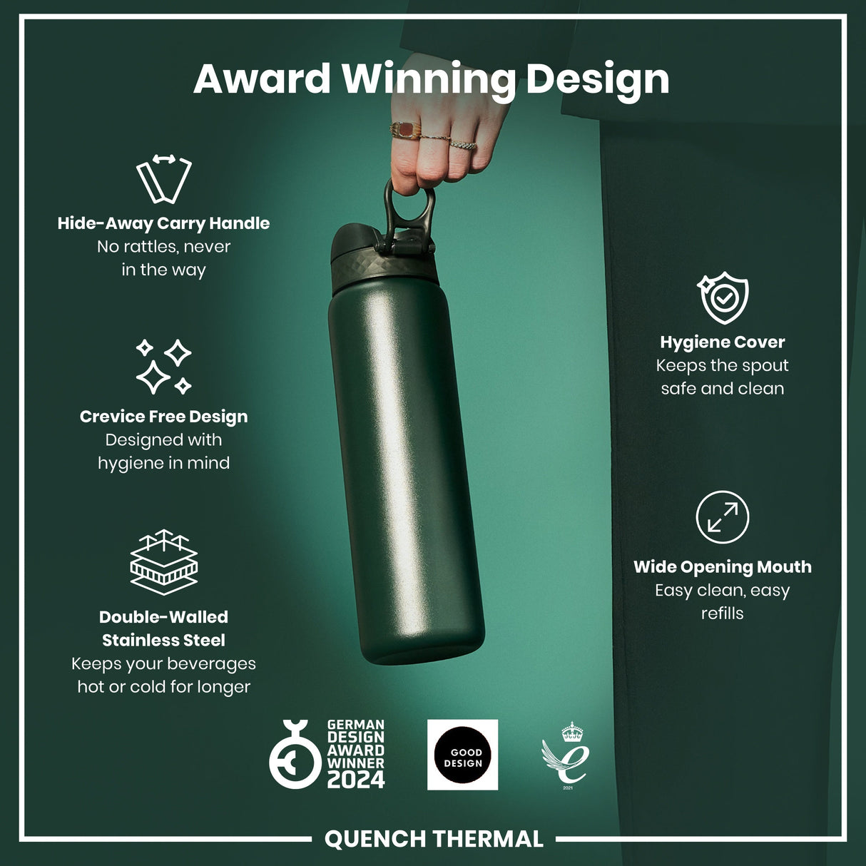 ION8 Leak Proof 1 Litre Thermal Water Bottle, Insulated Steel, Dark Green, 1L