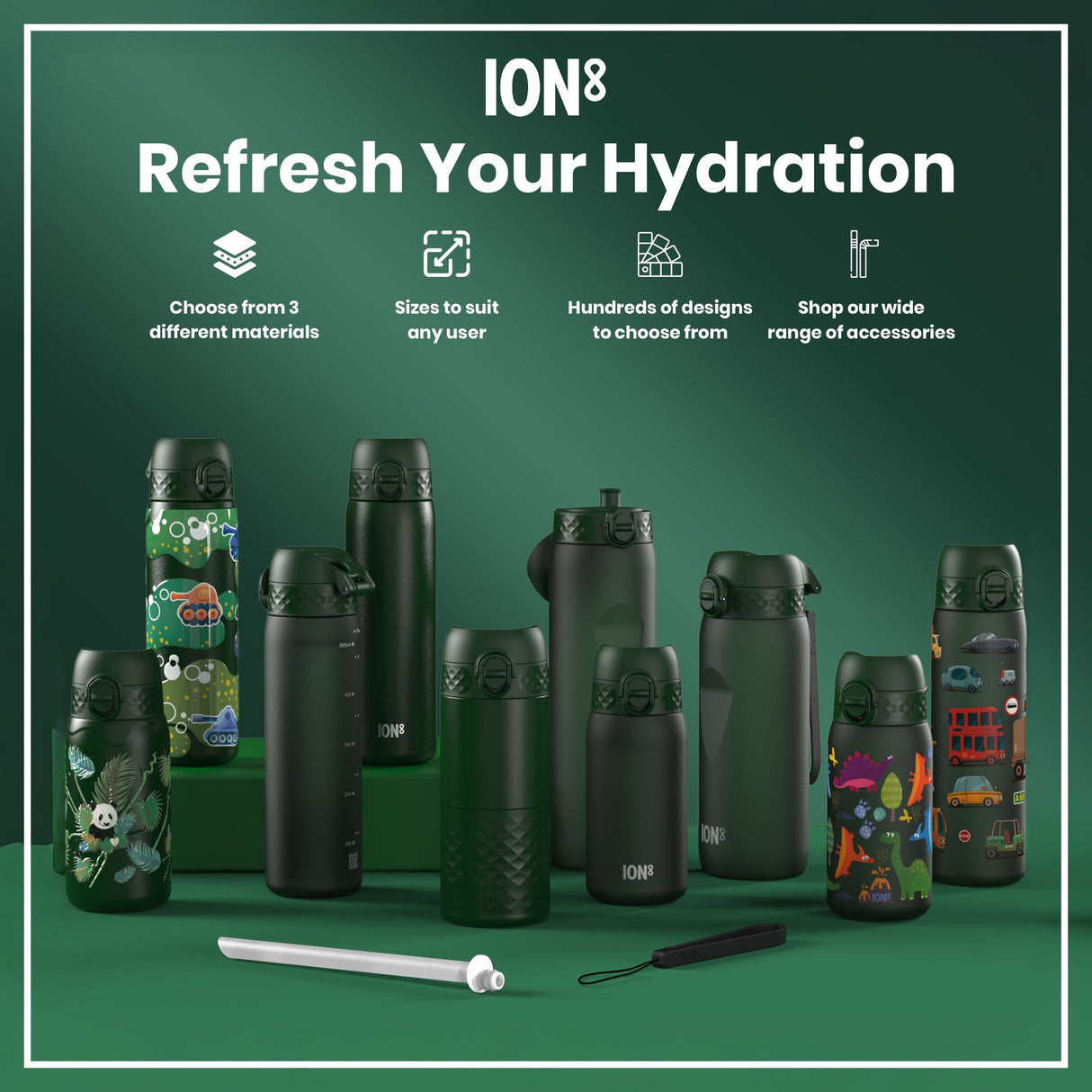 ION8 Leak Proof 1 Litre Thermal Water Bottle, Insulated Steel, Dark Green, 1L