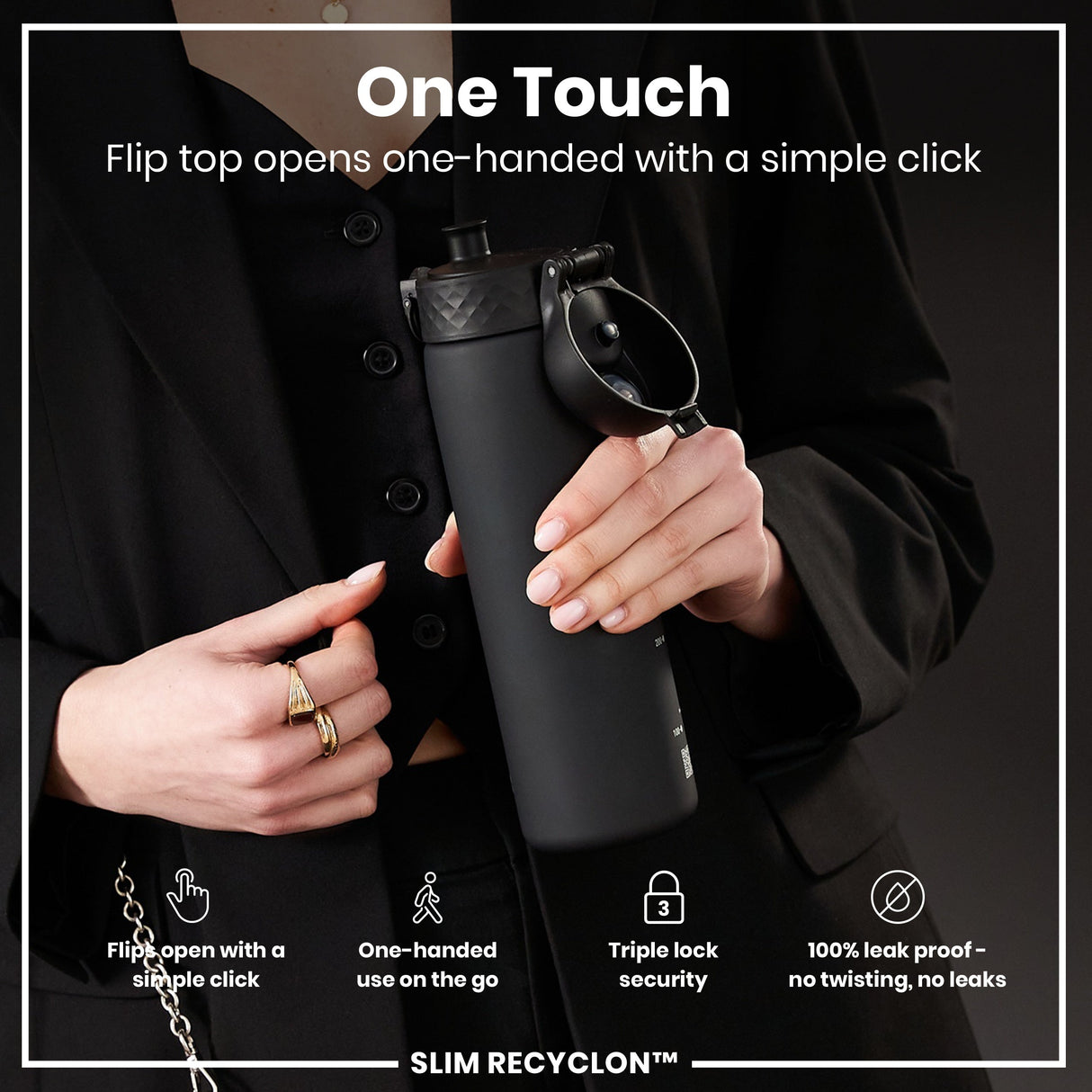 ION8 Leak Proof Medium Water Bottle with Straw, Recyclon, Black, 500ml (18oz)