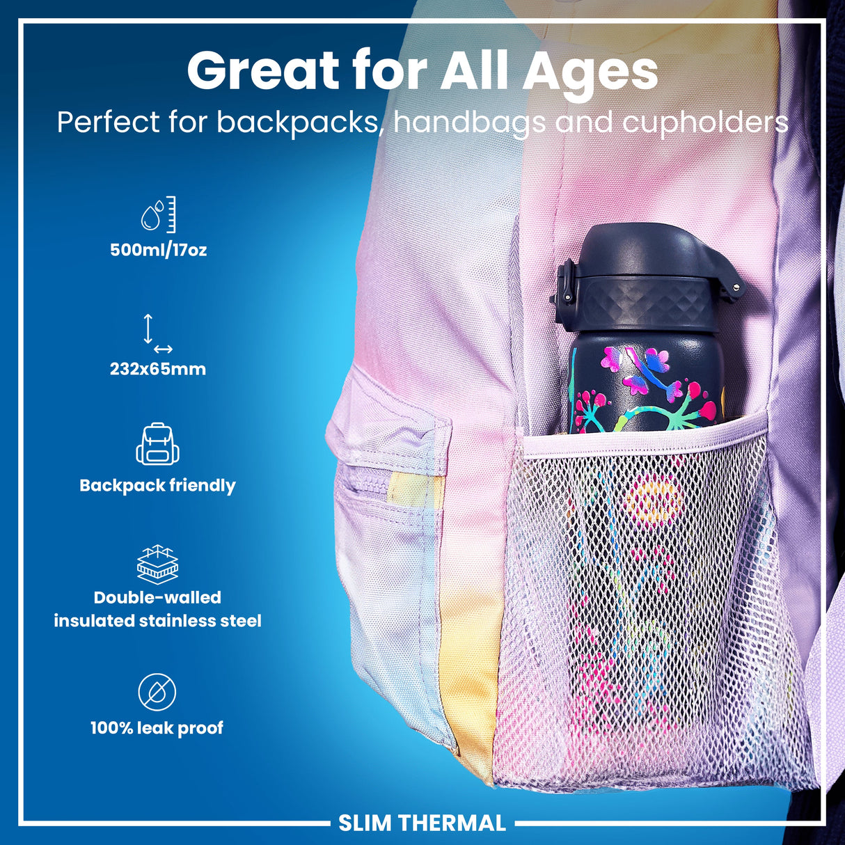ION8 Leak Proof Slim Thermal Water Bottle, Insulated Steel, Bright Floral, 500ml (17oz)