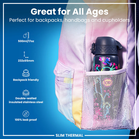 ION8 Leak Proof Slim Thermal Water Bottle, Insulated Steel, Bright Floral, 500ml (17oz)