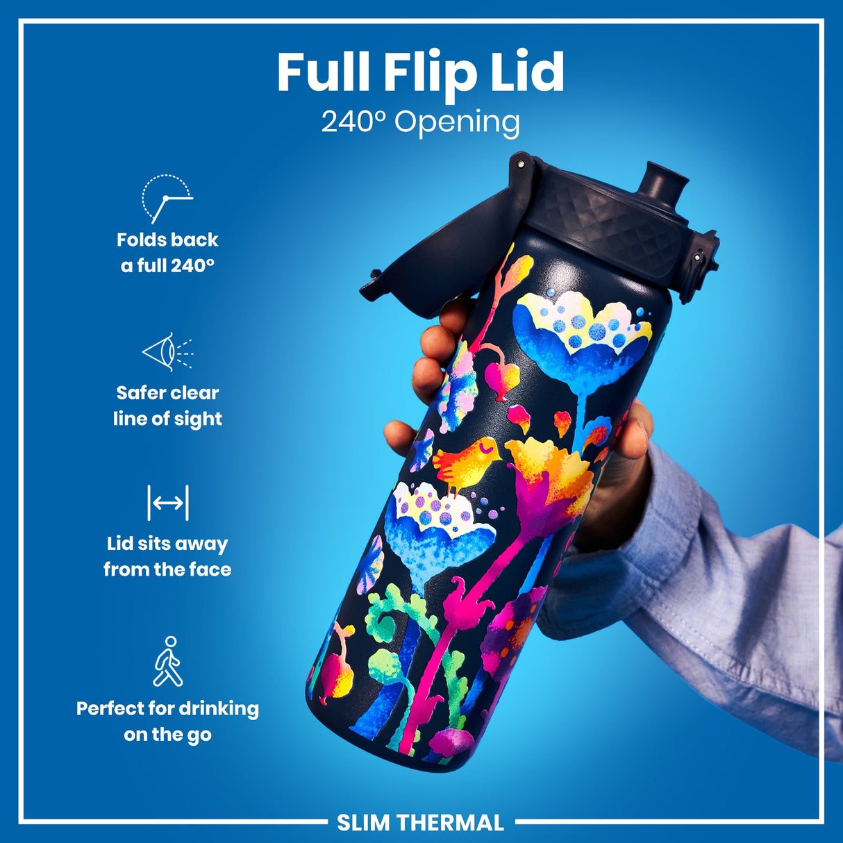 ION8 Leak Proof Slim Thermal Water Bottle, Insulated Steel, Bright Floral, 500ml (17oz)