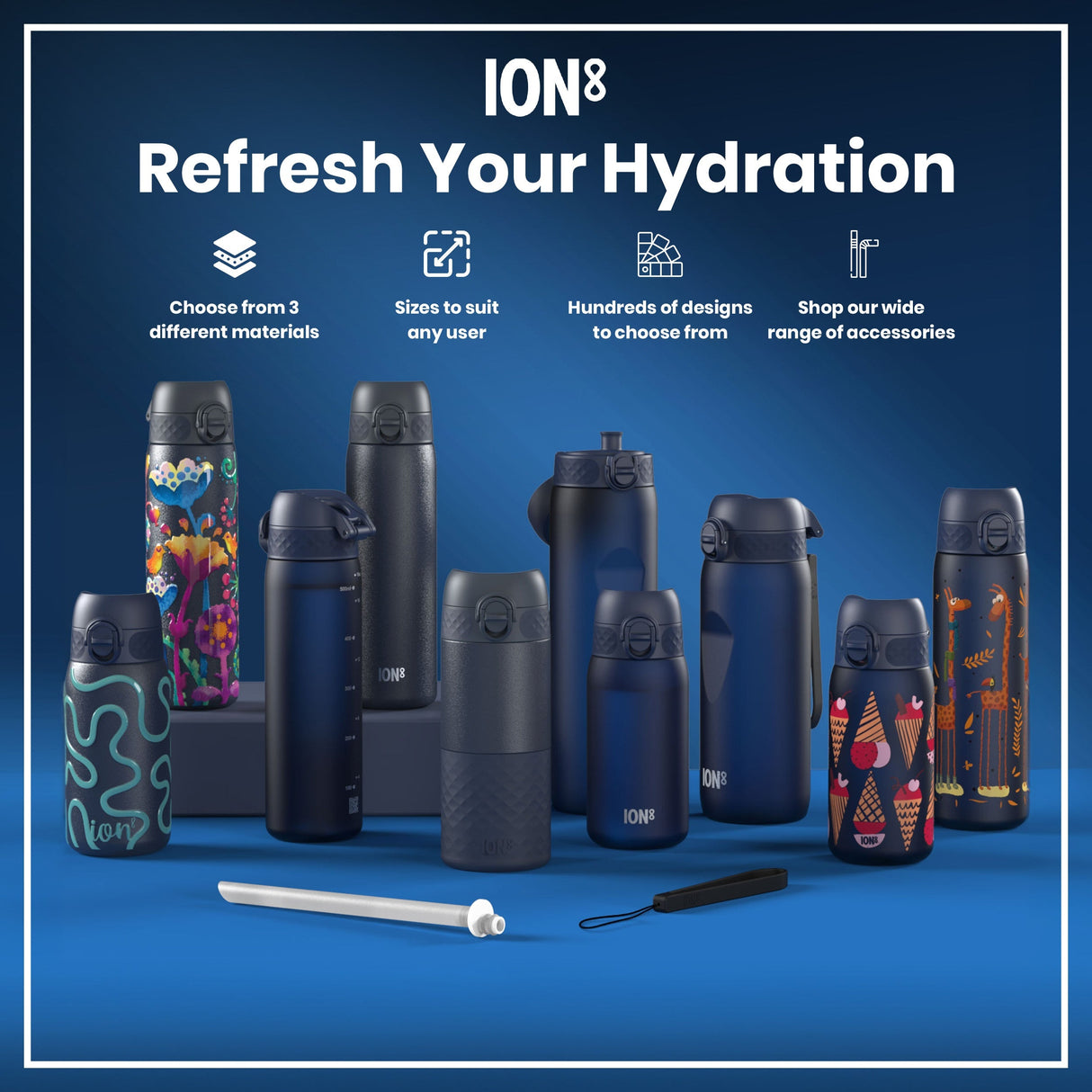 ION8 Leak Proof Slim Thermal Water Bottle, Insulated Steel, Bright Floral, 500ml (17oz)