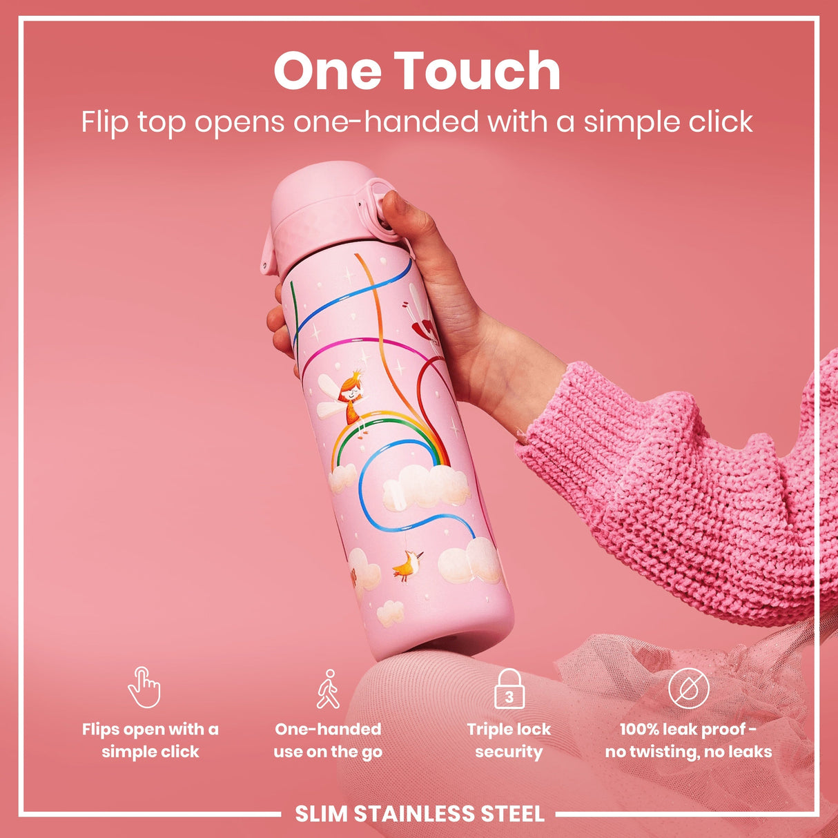 ION8 Leak Proof Slim Water Bottle, Stainless Steel, Fairies, 600ml (20oz)