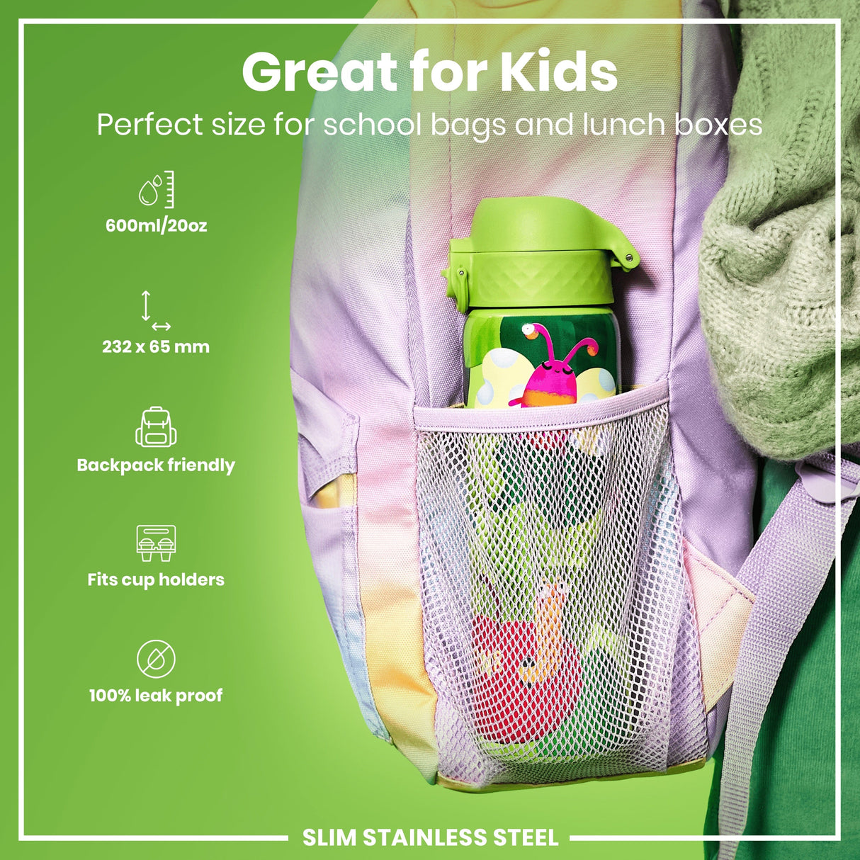 ION8 Leak Proof Slim Water Bottle, Stainless Steel, Bugs Life, 600ml (20oz)