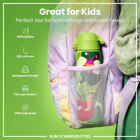 ION8 Leak Proof Slim Water Bottle, Stainless Steel, Bugs Life, 600ml (20oz)
