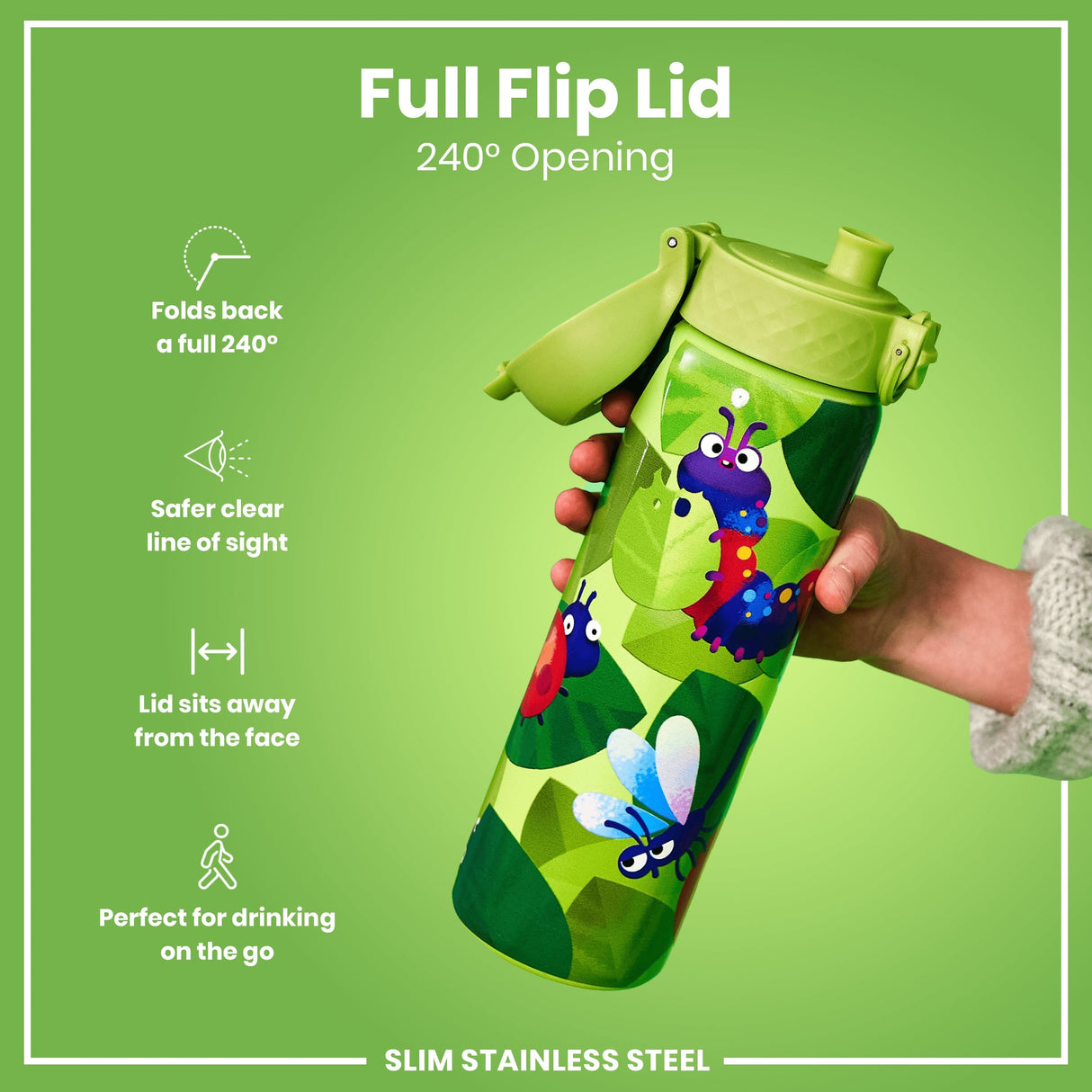 ION8 Leak Proof Slim Water Bottle, Stainless Steel, Bugs Life, 600ml (20oz)
