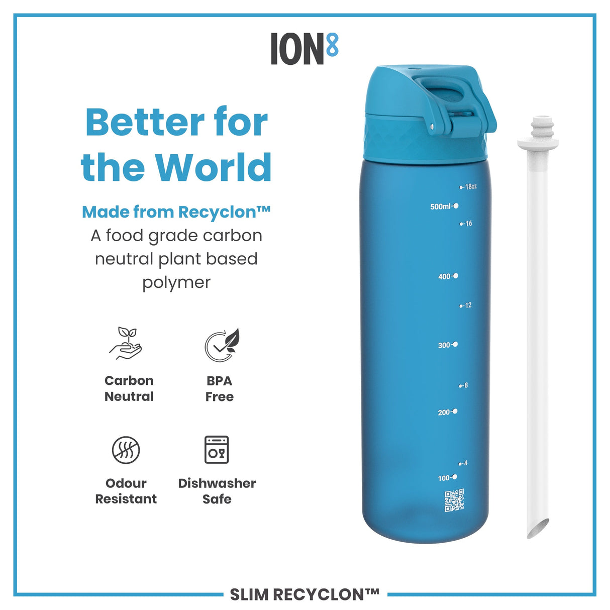 ION8 Leak Proof Medium Water Bottle with Straw, Recyclon, Blue, 500ml (18oz)
