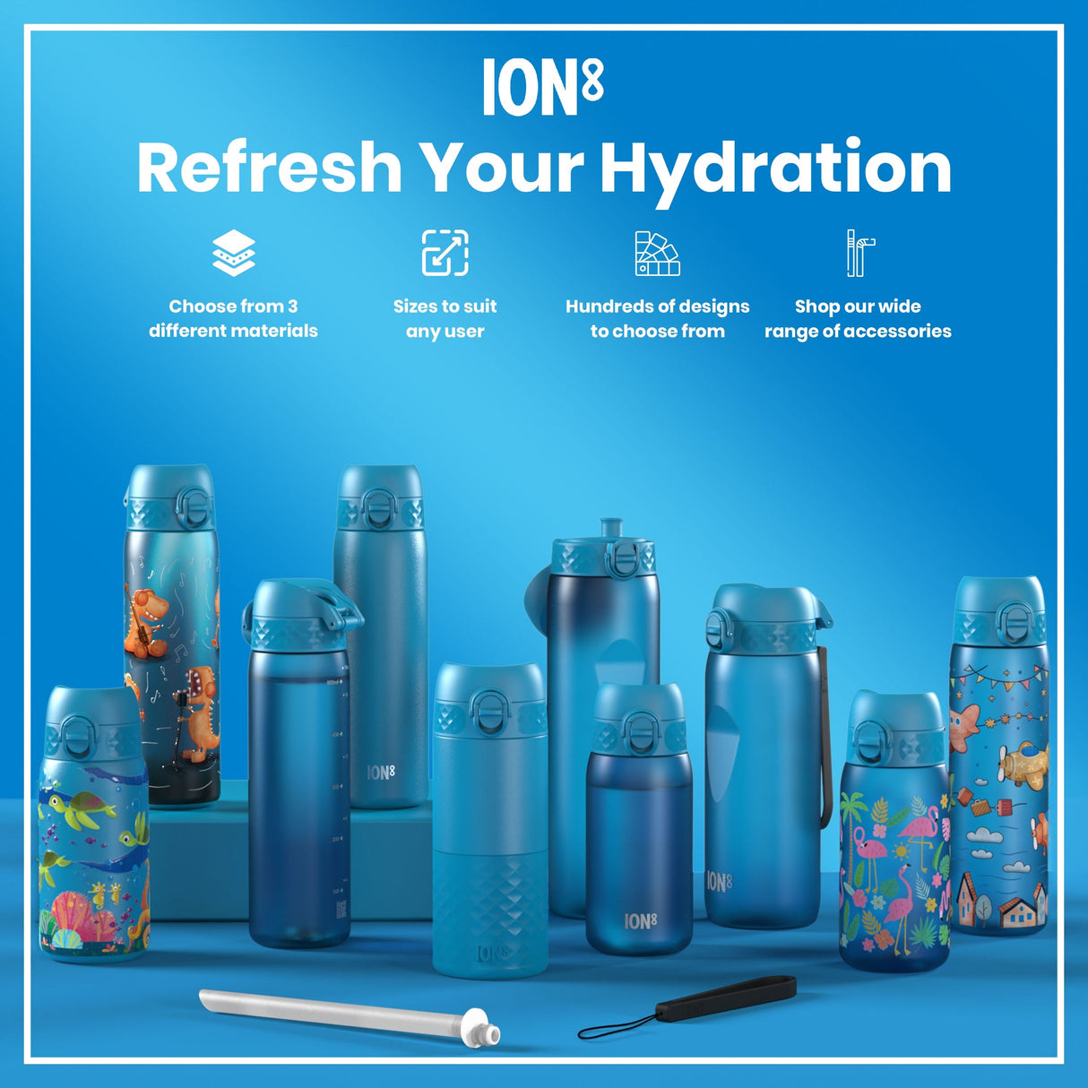 ION8 Leak Proof Medium Water Bottle with Straw, Recyclon, Blue, 500ml (18oz)