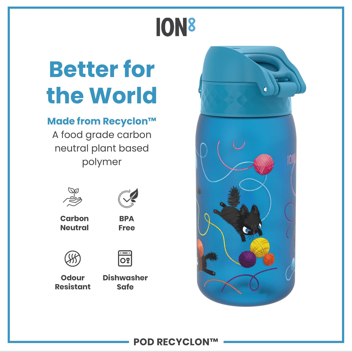 ION8 Leak Proof Kids Water Bottle, Recyclon, Cats, 350ml (12oz)